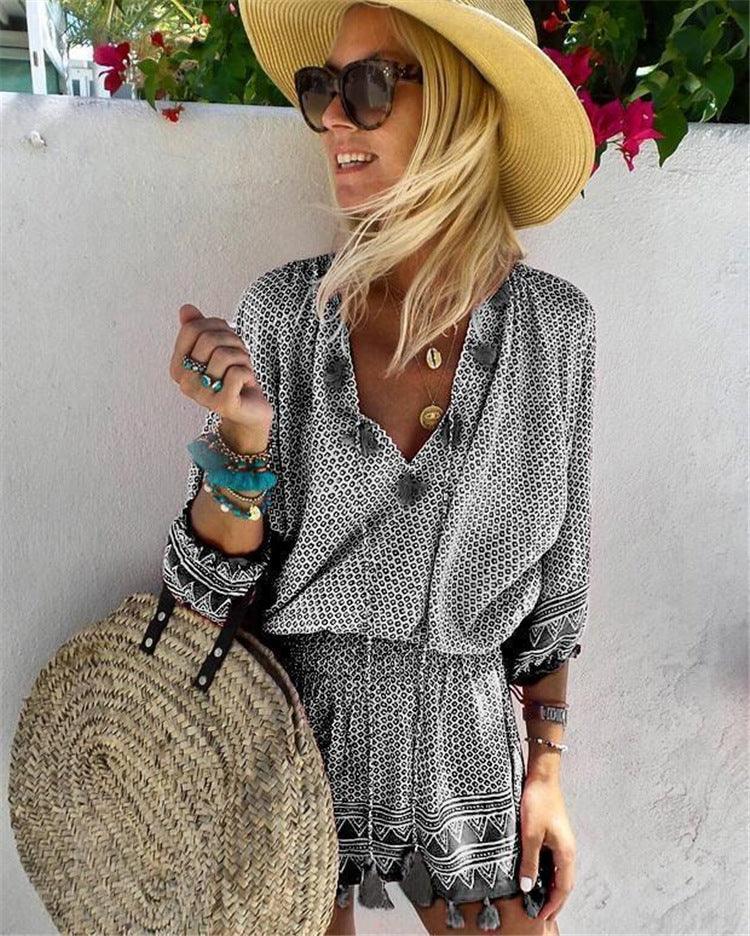 Women's Printed Dress V Neck Elastic Waist Fringed Beach Dress - Trendha