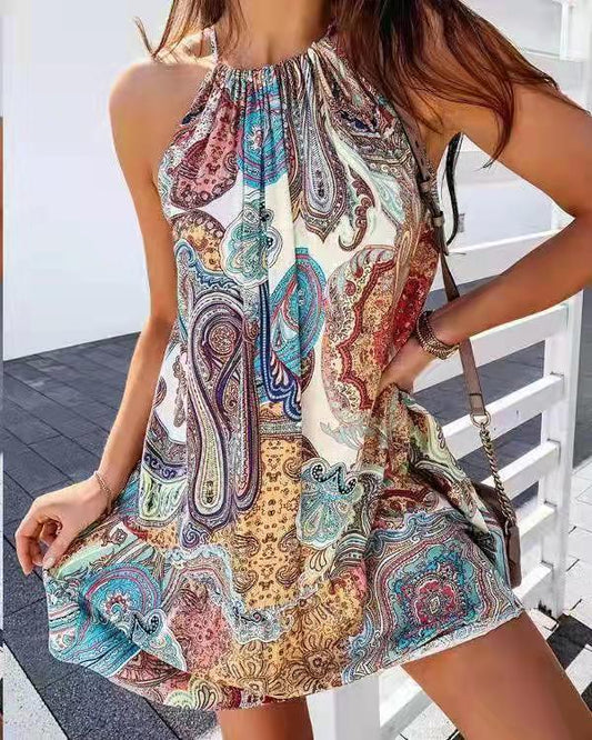 Back Short Skirt Printed Sleeveless Dress - Trendha