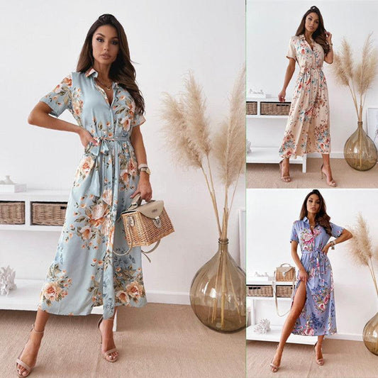 Short Sleeve V-neck Bohemian Shirt Dress