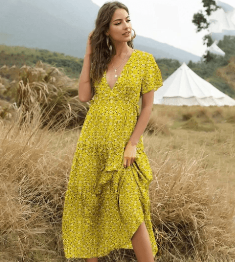 Ruffled Floral V-Neck Dress - Trendha