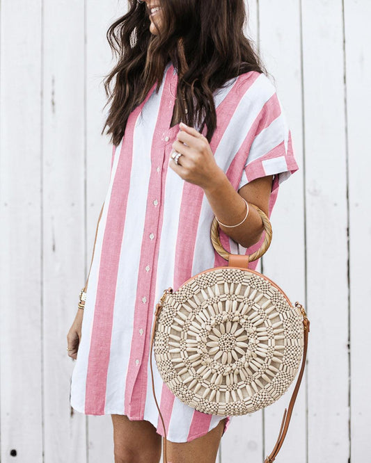 Casual Striped Loose Short Sleeve Shirt Dress - Trendha