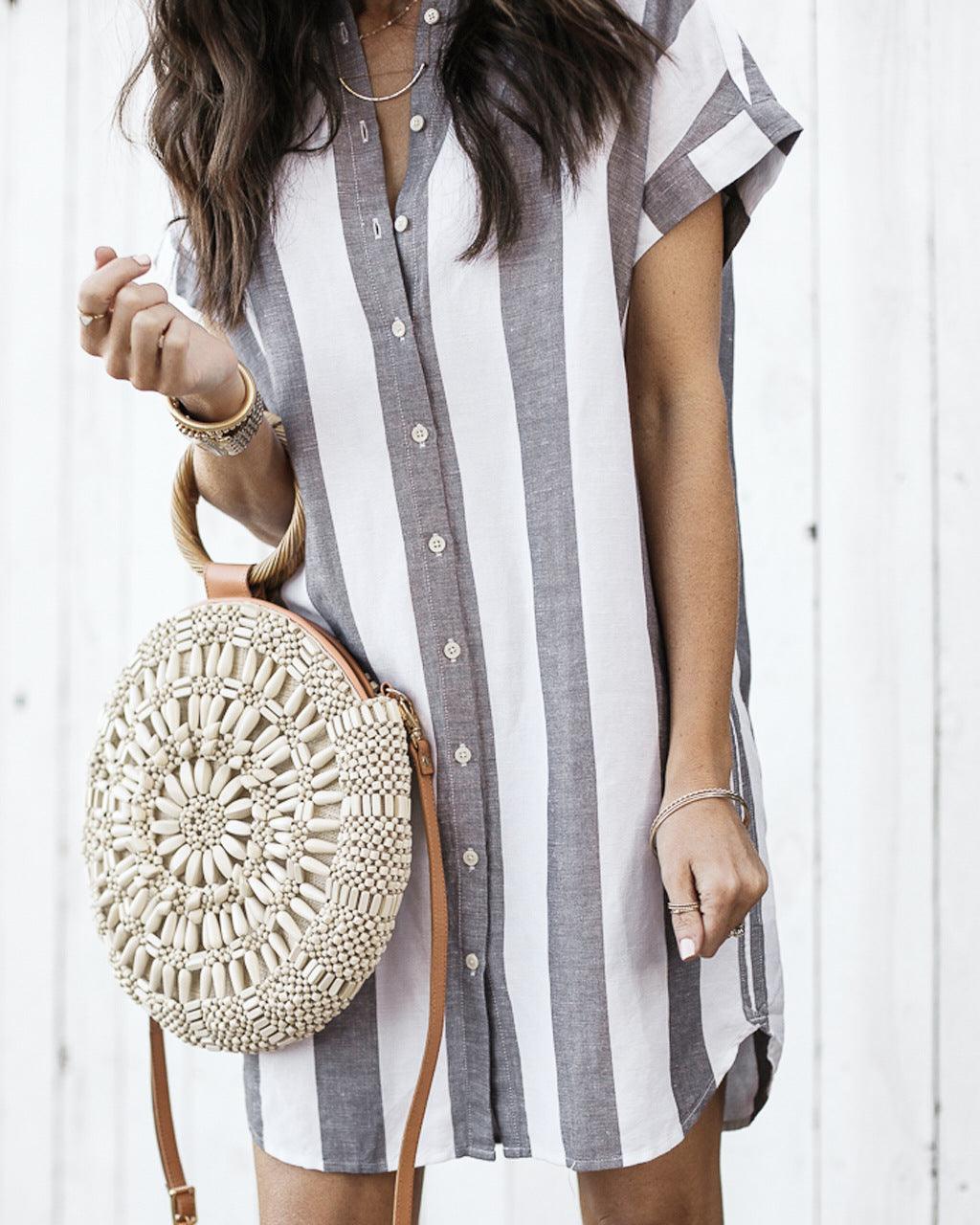 Casual Striped Loose Short Sleeve Shirt Dress - Trendha