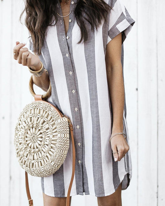 Casual Striped Loose Short Sleeve Shirt Dress - Trendha