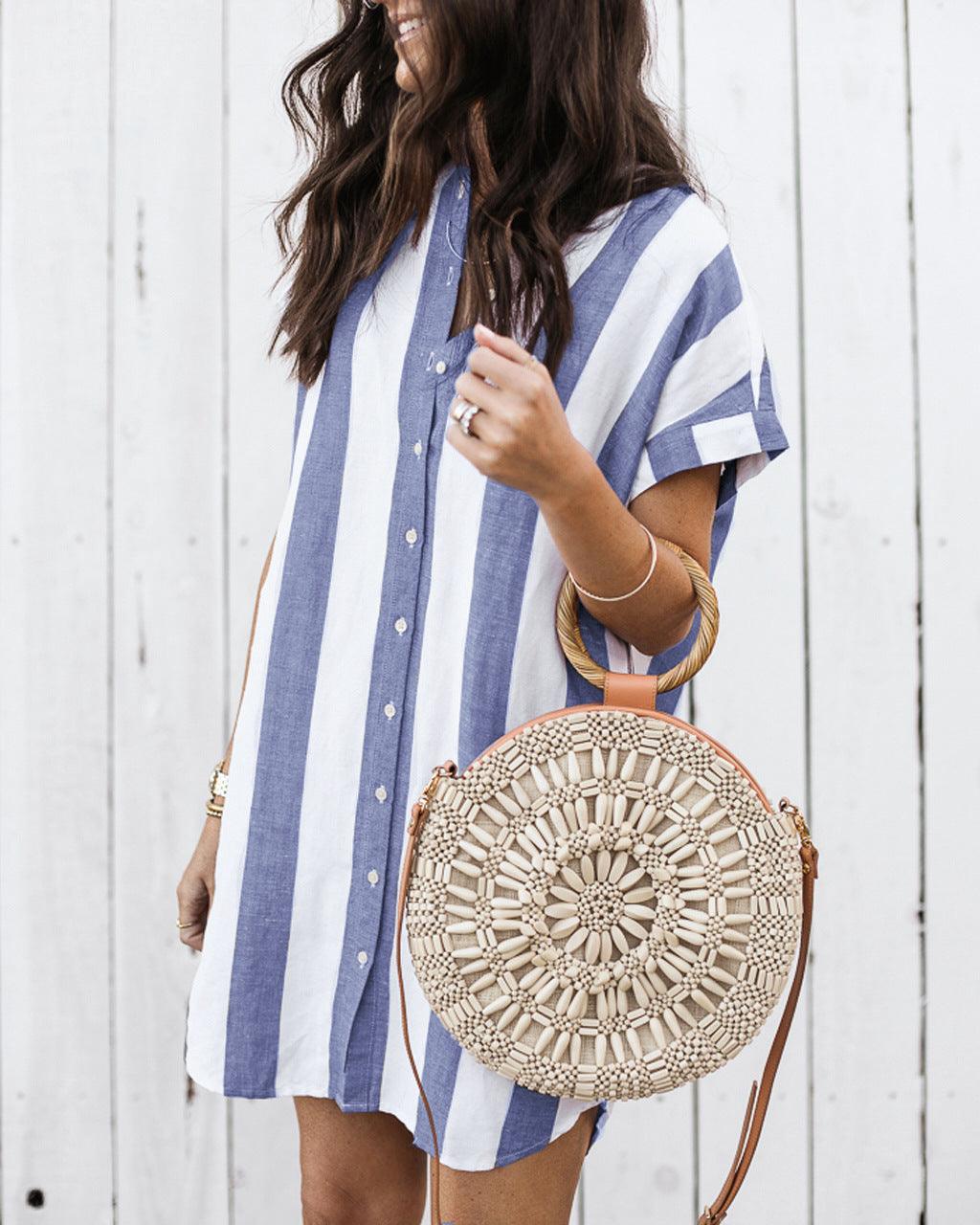 Casual Striped Loose Short Sleeve Shirt Dress - Trendha