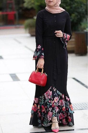 Spliced Flower Print Design Long Sleeve Button Decoration Loose Long Dress - Trendha
