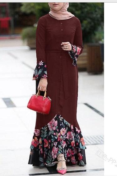 Spliced Flower Print Design Long Sleeve Button Decoration Loose Long Dress - Trendha