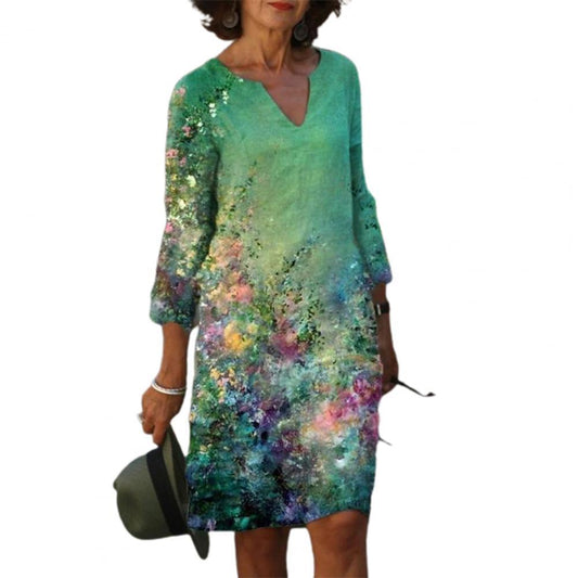 Printed Casual Loose Waist Mid-skirt Dress - Trendha