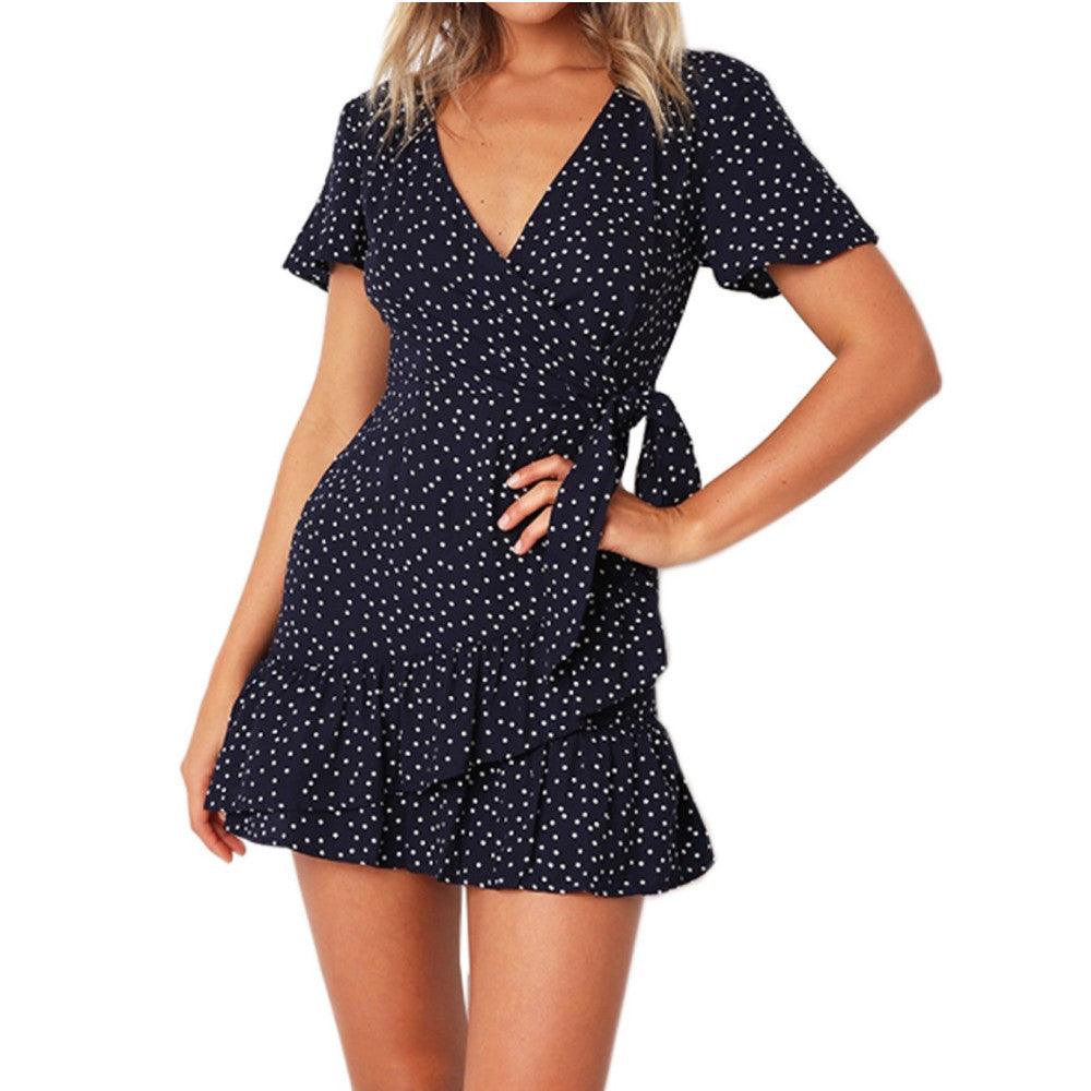Women's Short-sleeved Printed Lace-up Dress - Trendha