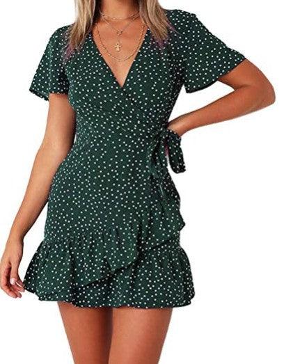Women's Short-sleeved Printed Lace-up Dress - Trendha