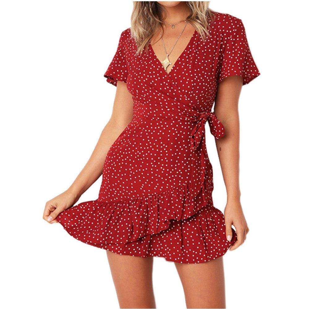Women's Short-sleeved Printed Lace-up Dress - Trendha