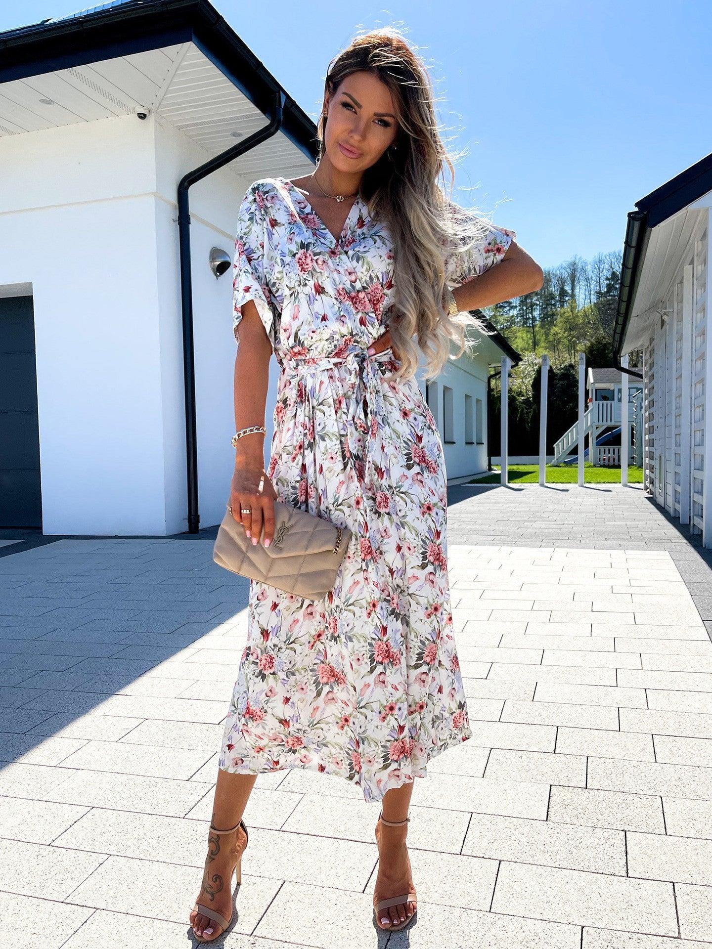 The New V-Neck Waistband Lace-Up Print Midi Dress - Trendha