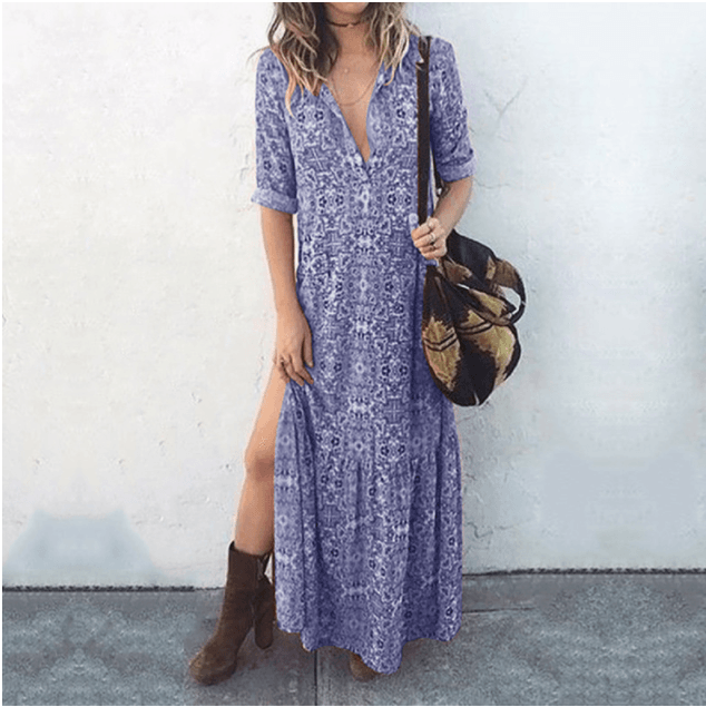 Printed long-sleeved split maxi dress - Trendha