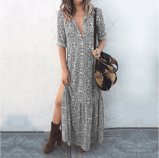 Printed long-sleeved split maxi dress - Trendha