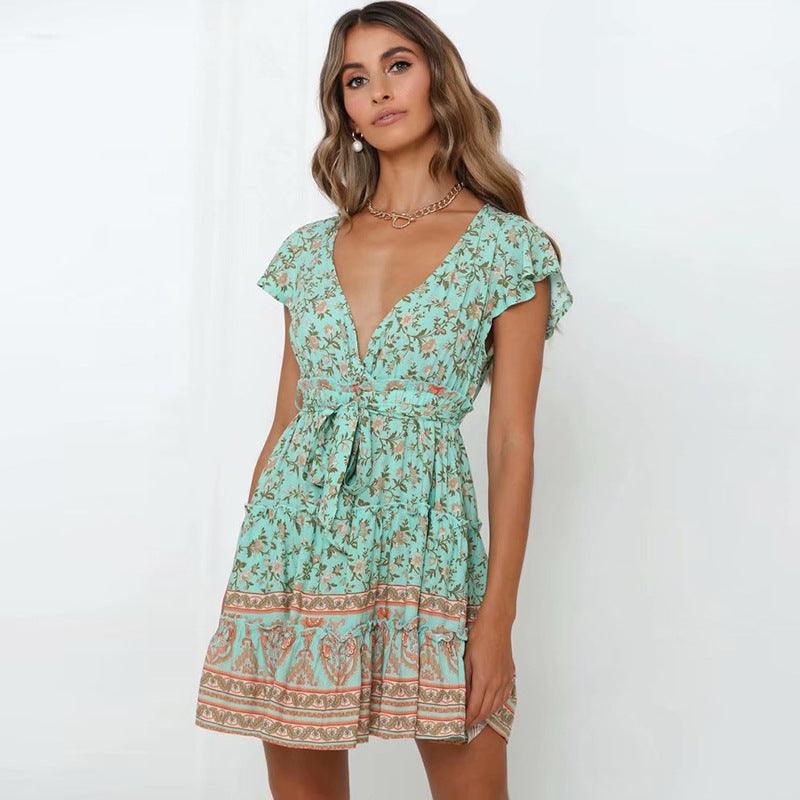 Printed short skirt waist tie dress - Trendha