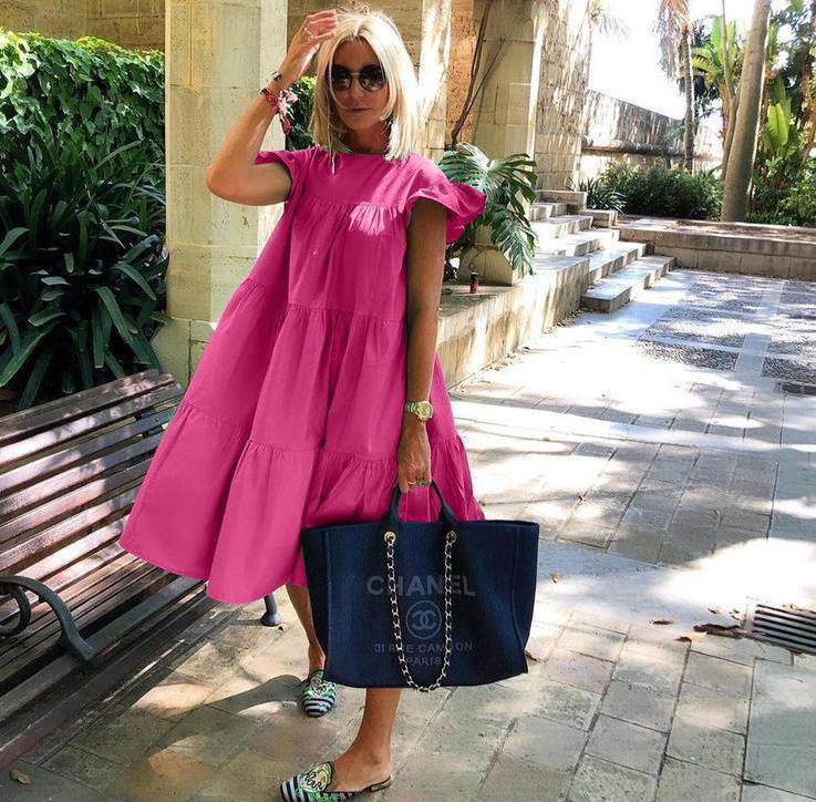 Women's Solid Color Loose Pleated Dress - British Style Mid-Length Swing Skirt - Trendha