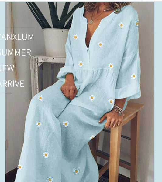 Daisy Print Long Sleeve Loose Dress - Trendha