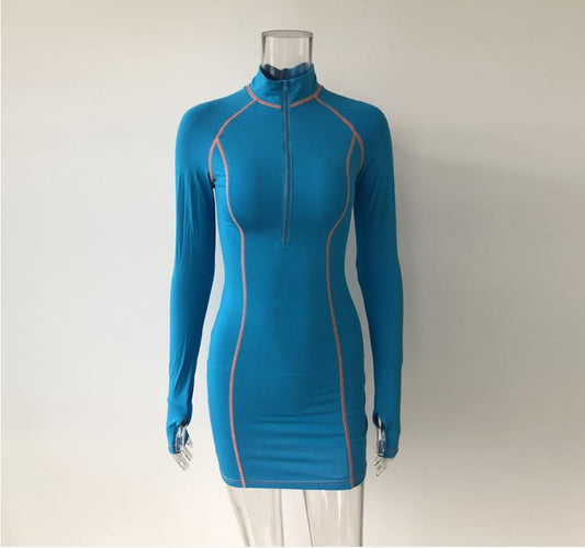 Stand collar zipper long sleeve dress - Trendha