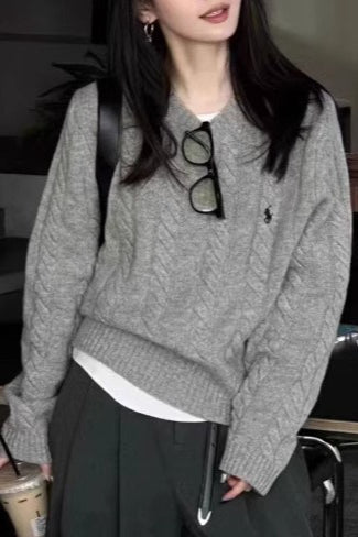 Gray Embroidered Pony Knit Sweater