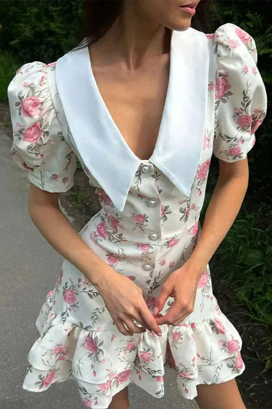 Lapel Short Sleeve Mini Floral Dress