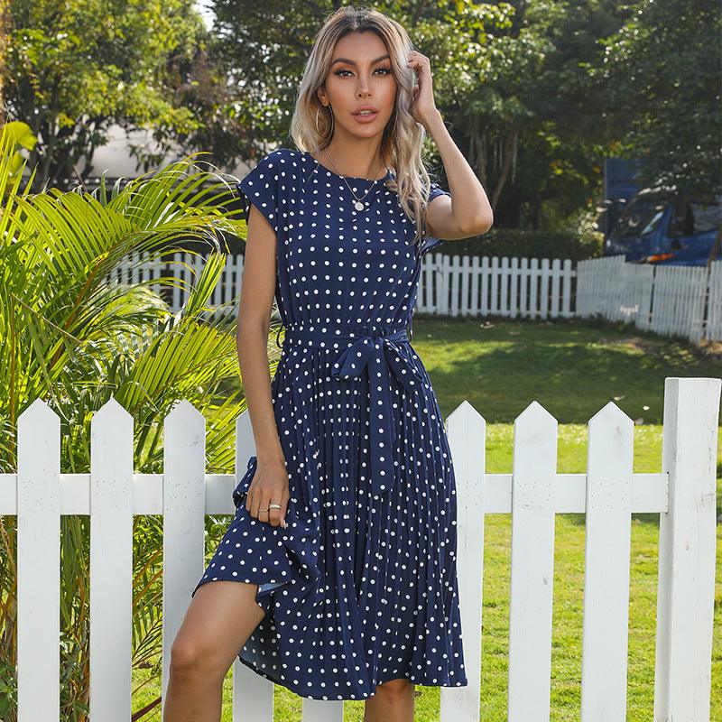 Summer Women Polka Dot Short Sleeve Dress Casual Bandage Party Pleated Midi Dresses Elegant Green Office Lady Clothing - Trendha