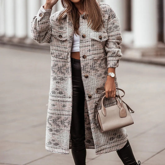 2025 Winter Women Jacket Turn Down Thin Plaid Long Oversize Thin Retro Female Streetwear Coat