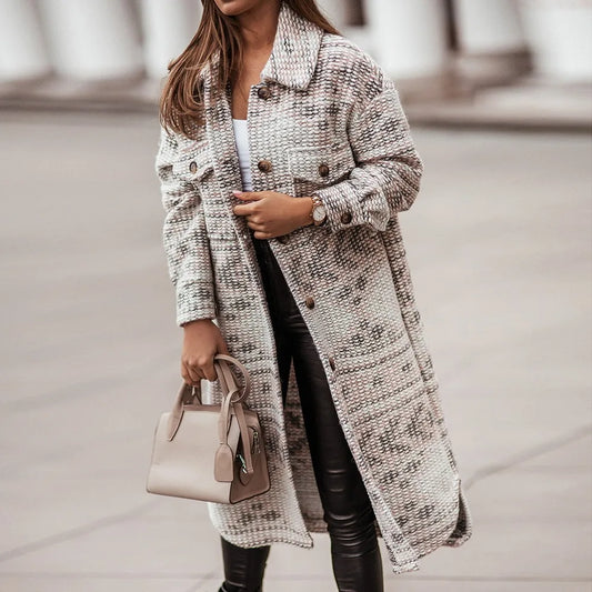 2025 Winter Women Jacket Turn Down Thin Plaid Long Oversize Thin Retro Female Streetwear Coat