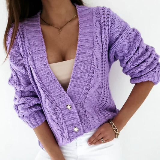 2025 Autumn New Women Cropped Cardigan V-neck Button Twist Knitted Tops Coat