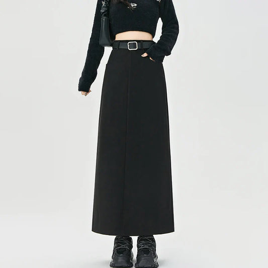 2025 New Autumn Winter Wool Blend Long Womens Fashion High Waist A-line Midi Ladies Elegant Woolen Skirt