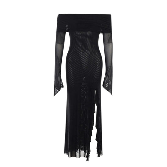 FashionSierra - 2025 New European And American Gothic Dark Fashion Man Slim One Shoulder Mesh Long Women Casual Summer Dress