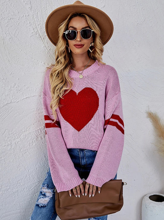 2025 New Winter Women's Loose Round Neck Knitted Pullover Love Long-sleeve Sweater