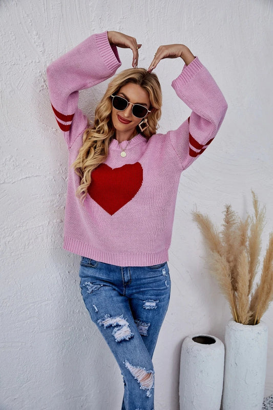 2025 New Winter Women's Loose Round Neck Knitted Pullover Love Long-sleeve Sweater