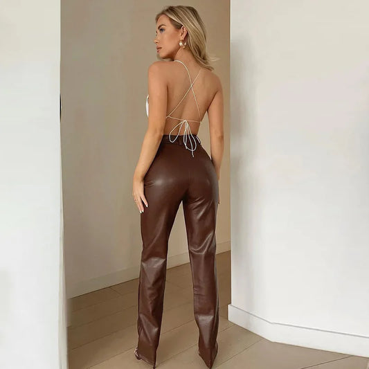 2025 New Women's High Waist PU Imitation Leather Straight Leg Leather Pants Loose Fashion Casual Pants Brown/Black
