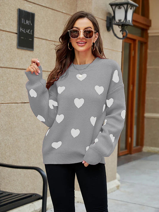 2025 Winter New Love Pullover Round Neck Long Sleeve Knitted Women's Loose Casual Sweater