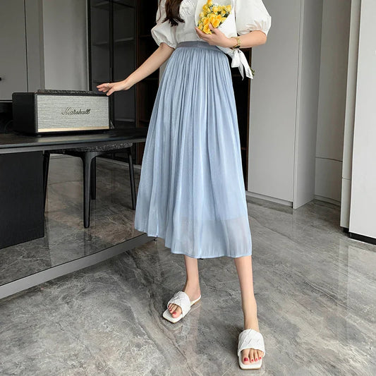 FashionSierra - 2025 New Spring Summer Women Tulle Solid Color Elastic High Waist Pleated Ladies Temperament Skirt