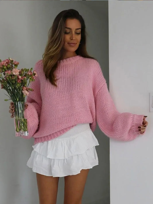 2025 Women O New Long Sleeves Loose Knit Pullover Casual Female Chic Sweater