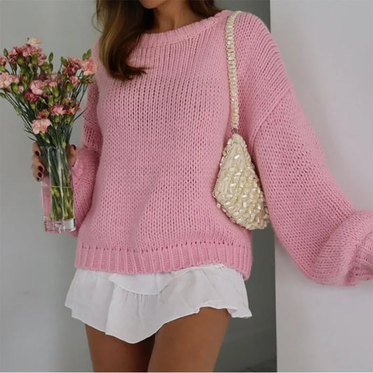 2025 Women O New Long Sleeves Loose Knit Pullover Casual Female Chic Sweater