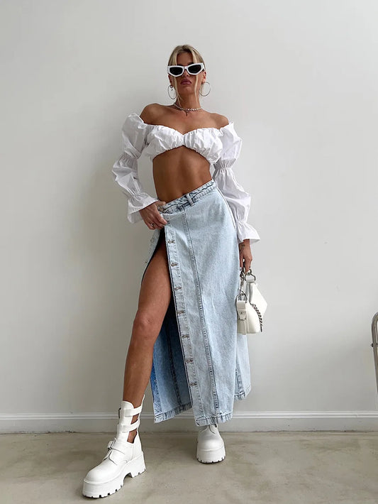 2025 Women's Denim Side Split Button High Waist Midi Office Lady Jean Long Skirt
