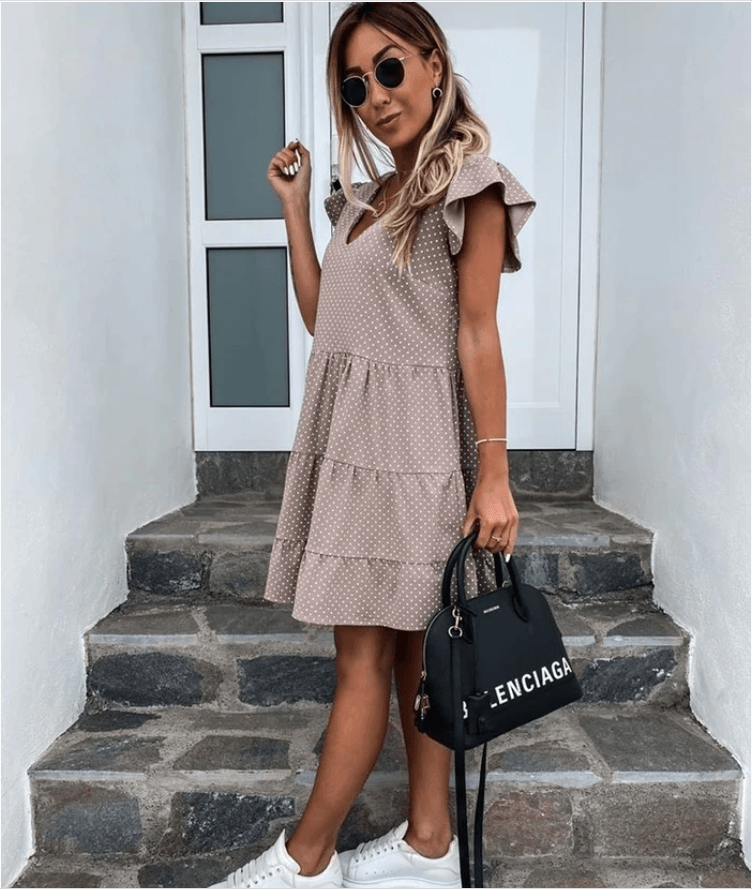 Digital print V-neck ruffled dress - Trendha