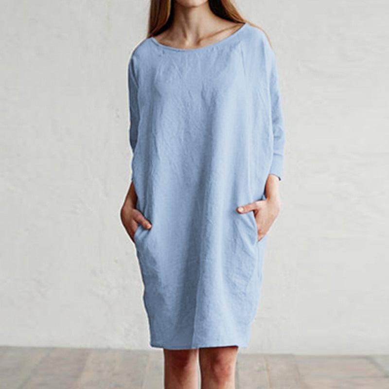 Cotton and linen stitching round neck pocket dress - Trendha