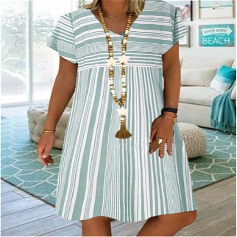 Striped short sleeve V-neck dress - Trendha
