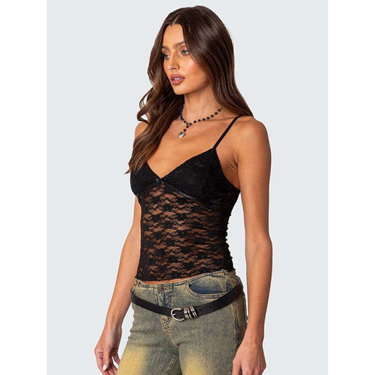 FashionSierra - 2025 Floral Lace Camis Summer Backless Spaghetti Strap Tank Sleeveless Mini Vest for Streetwear Clubwear Crop Tops