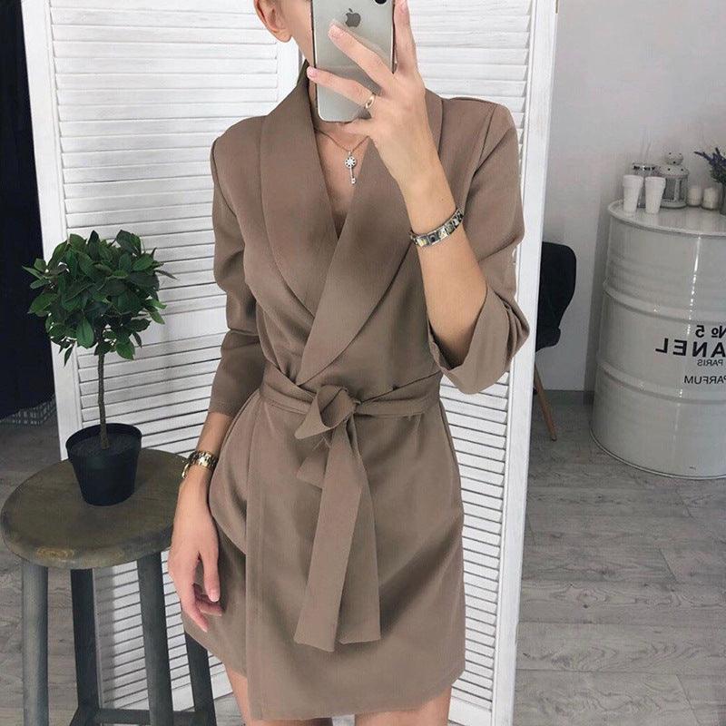 Women's solid color suit collar belt temperament short dress - Trendha