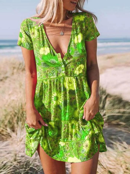 New Women's Printed V-Neck Short-Sleeved Dress - Trendha