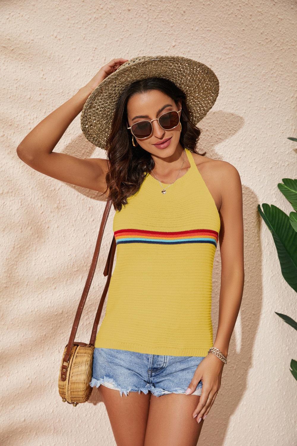 Women's Clothing Rainbow Color-blocking Halter Top Fashion Backless Knitted Lace-up Vest - Trendha