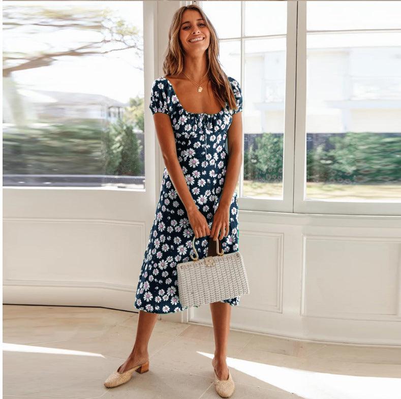 Floral square collar drawstring hem split dress - Trendha