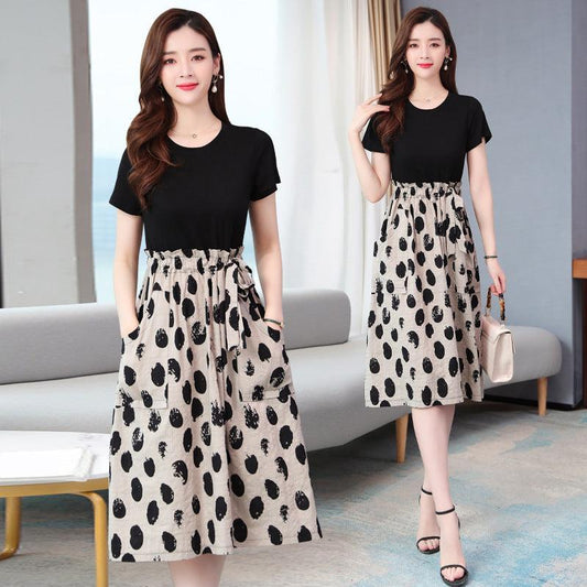 Patchwork waist wave point fake two piece Short Sleeve Dress