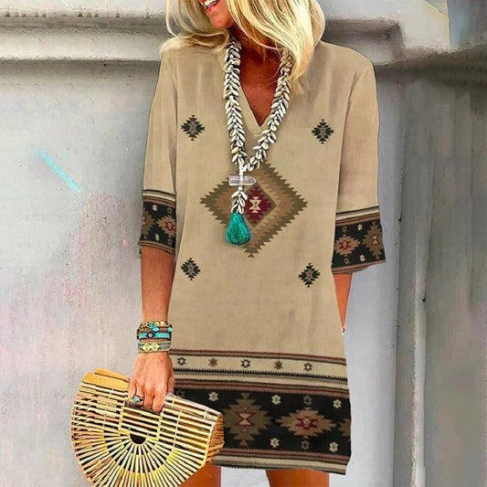 Women's Loose V-Neck Printed Short Sleeve Dress - Trendha