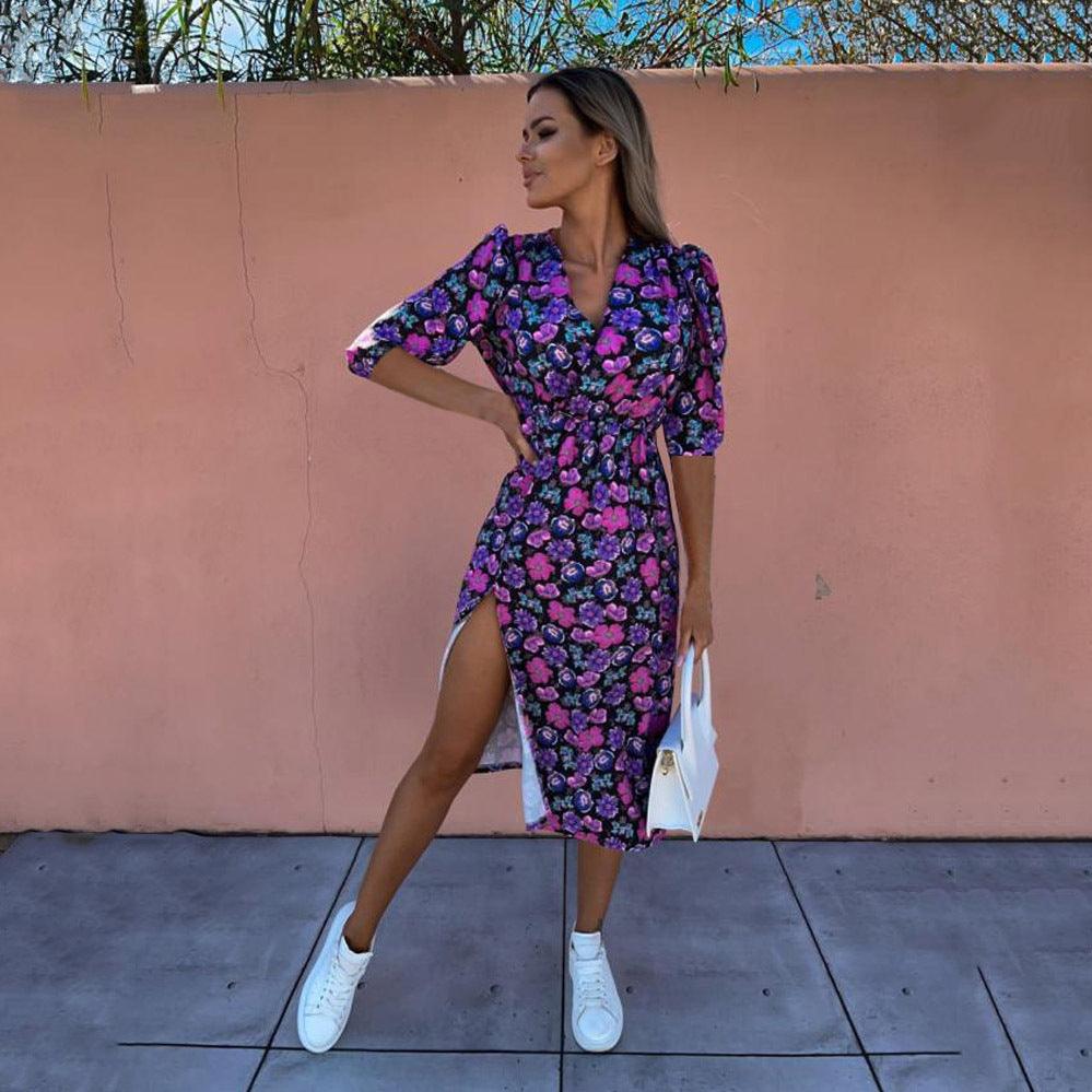 Fashion Loose Mid Sleeve V Neck Waist Print Dress - Trendha