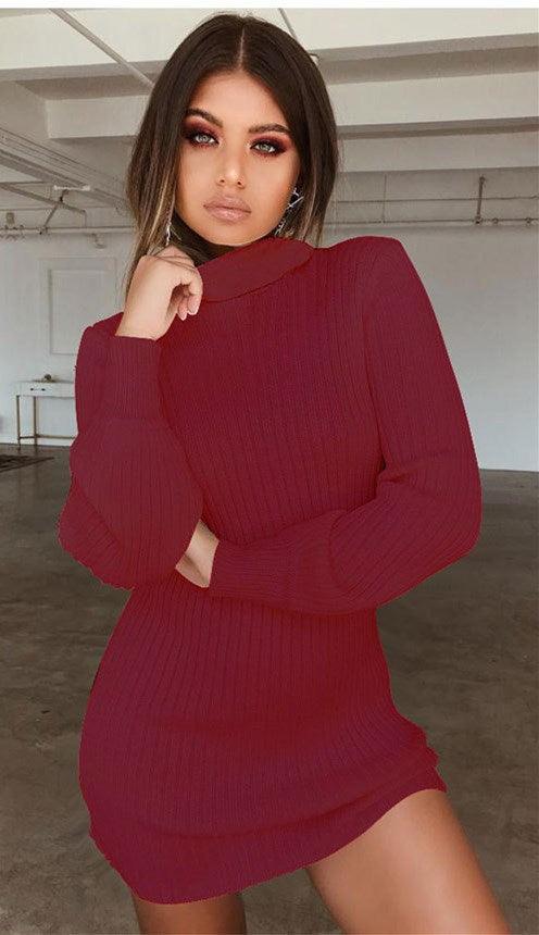 Long sleeve ribbed solid color casual dress - Trendha