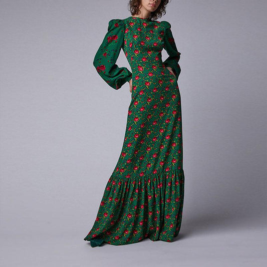 Round neck lantern sleeve print dress summer 2021